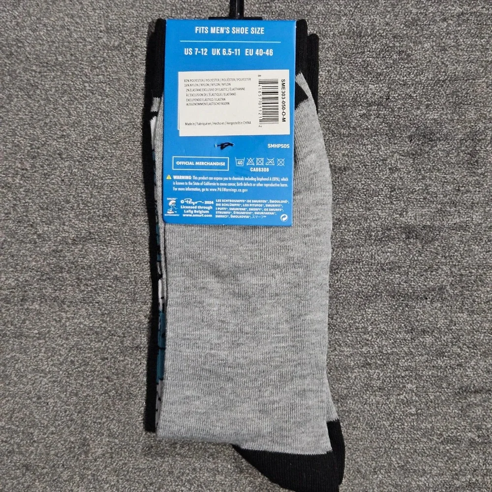 The Smurfs Mens Crew Socks Striped Graphic Grey Black One Size New